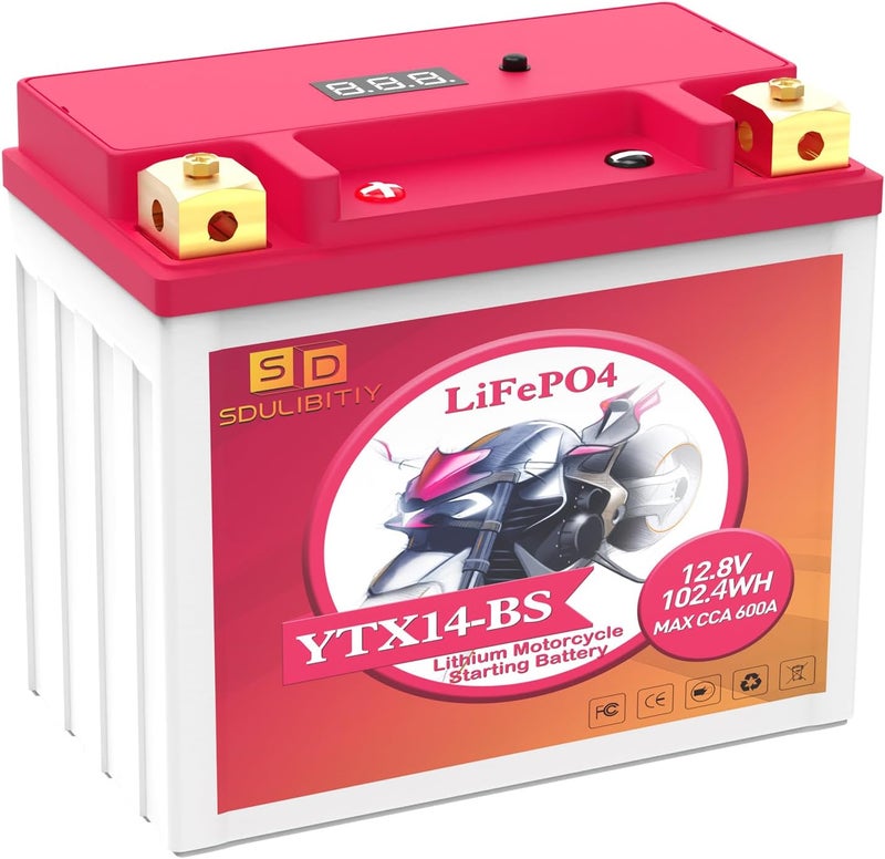 SDULIBITIY بطارية دراجة نارية ليثيوم YTX14-BS، بطارية ATV 12V 8AH 600CCA، متوافقة مع محركات LiFePO4 لبدء التشغيل ATV، UTV، جت سكي، كواد، جزازة عشب، جرار، سكوتر، مولد - Image 1
